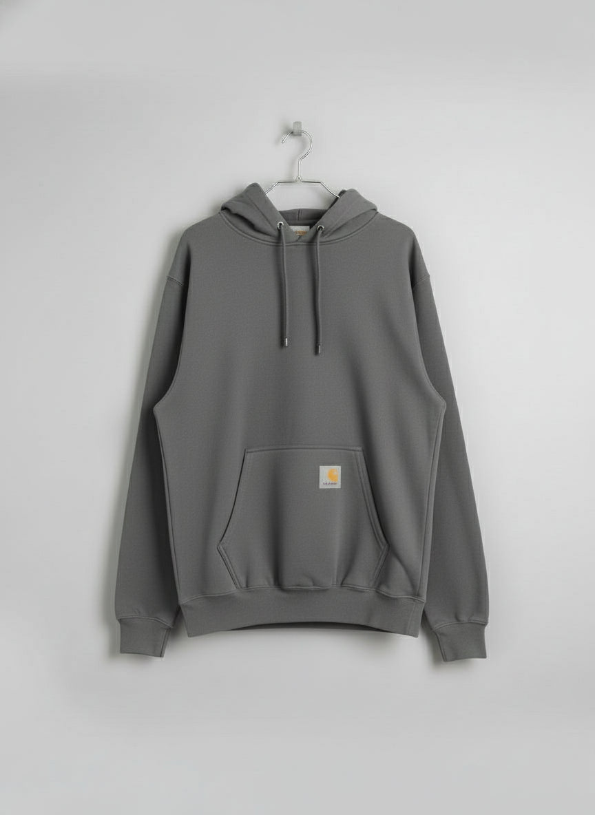 Gray hoodie with brand logo on a white background