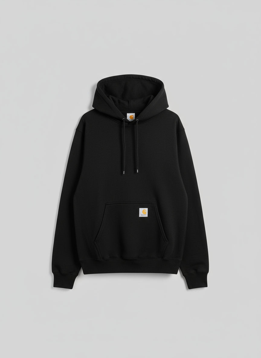Black hoodie with a brand logo on a textured surface