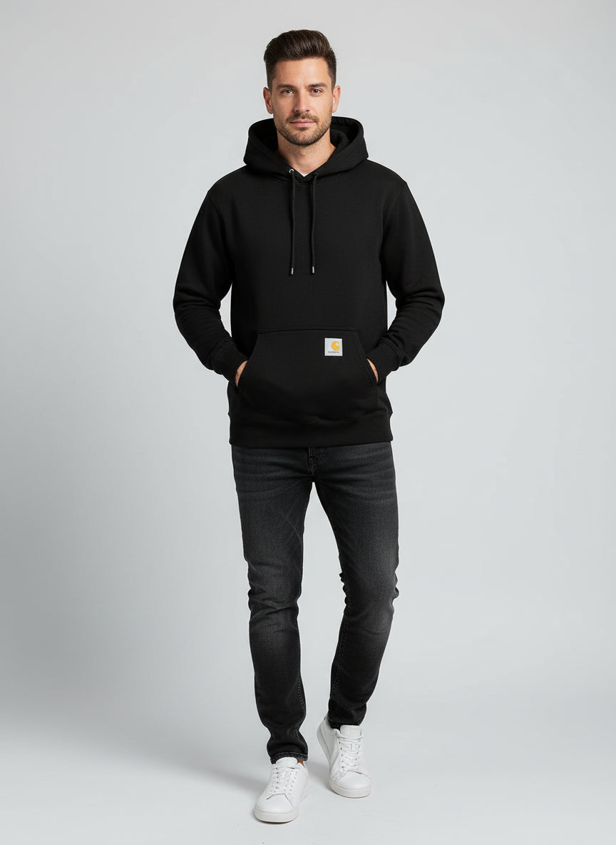 Black hoodie with a brand logo on a light gray background