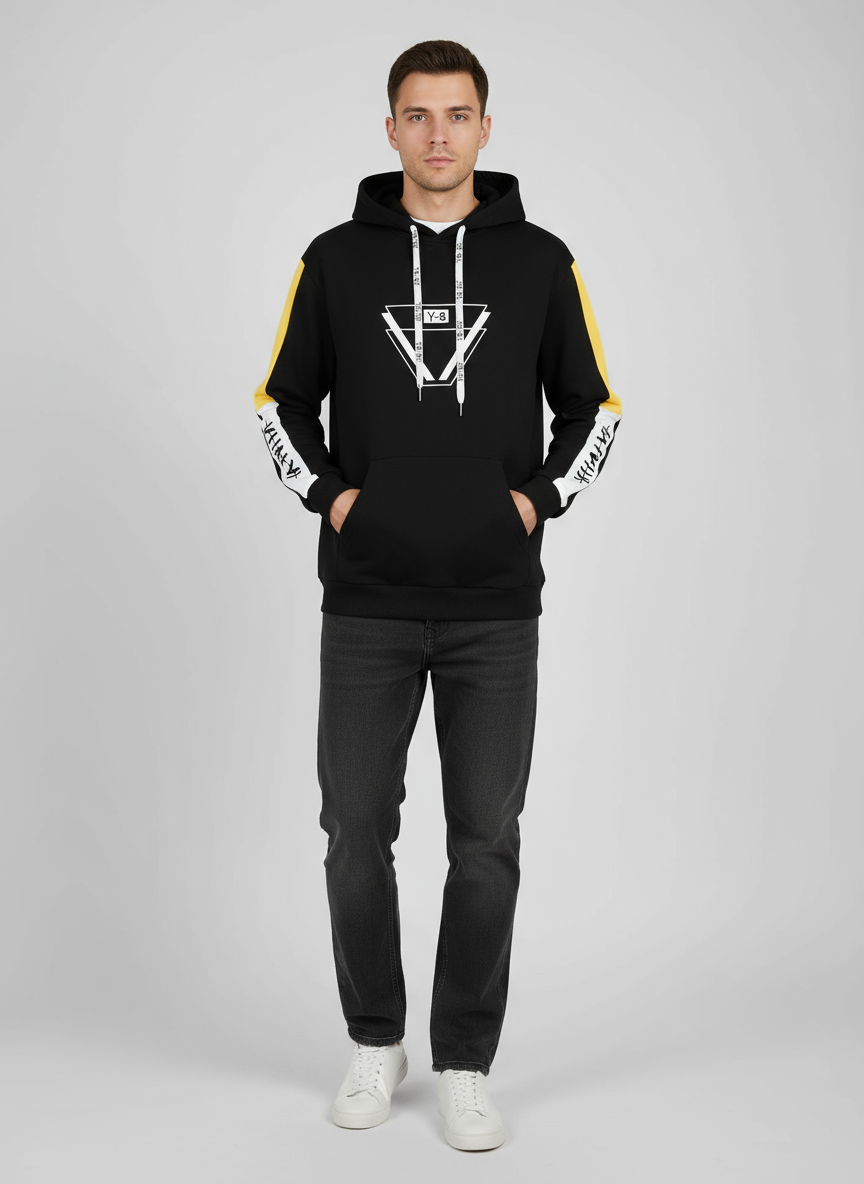 V-8 Tactical Triangle Graphic Hoodie - Black & Yellow Contrast Sleeves