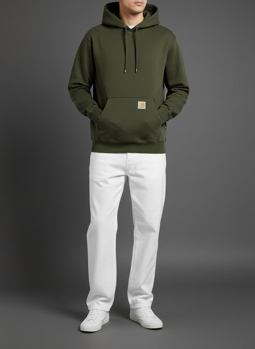 Olive green hoodie with a brand logo on a light gray background