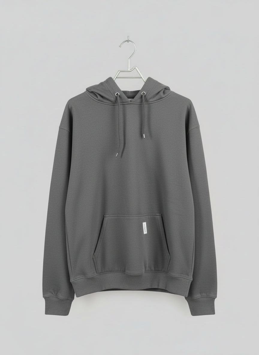 Gray hoodie on a hanger against a light gray background